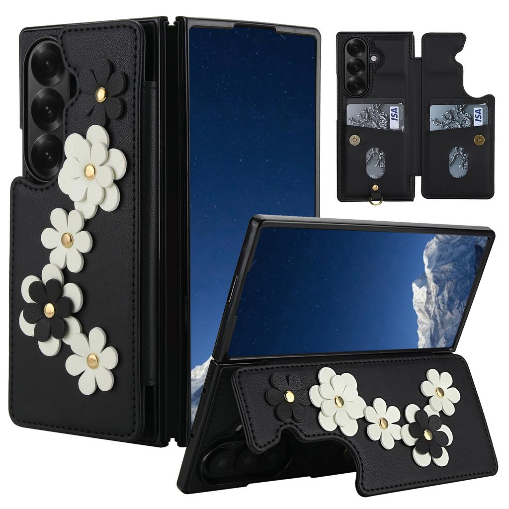 Crossbody Phone Case for Samsung Galaxy Z Fold 7 Fold 6 5 4 Flower Design Card Slot Flip Wallet Holder Hand Strap Leather Cover