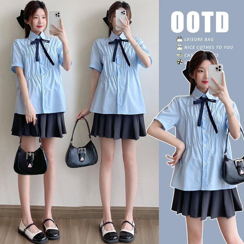 

2026 Spring/Summer Maternity Two-Piece Set: Sweet Girl Blue Short-Sleeved Shirt + Pleated Skirt M