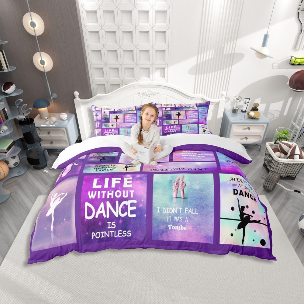 Homewish Girls Gymnastics Lover Duvet Cover Set,Green Pink Sequin Print Bedding Set,Cartoon Princess Print Bed Set