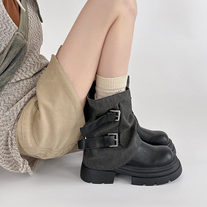 Design Sense Year Versatile Fashion Retro Belt Buckle Middle Boots Children's Autumn and Winter Color Matching New British Style