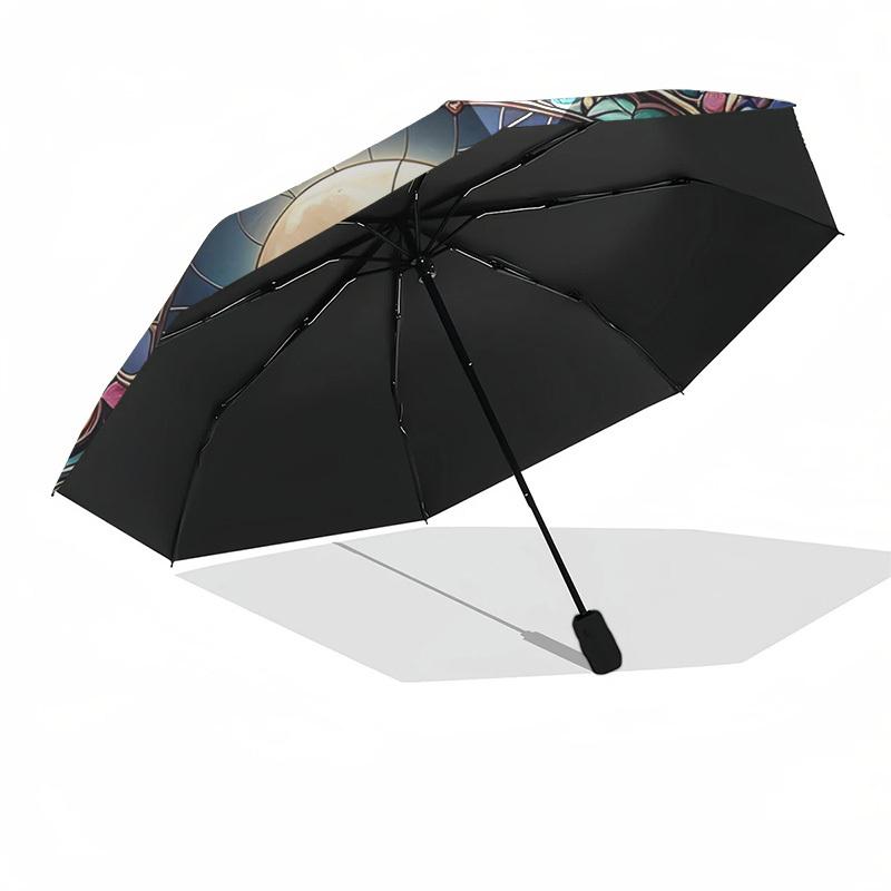 1 Stück Buntglas Katze Mond Wolken Design Automatischer Faltregenschirm - Tragbares 3-fach Design mit 8-Speichen Eisenrahmen, Outdoor für Fans, Reisende, Täglich