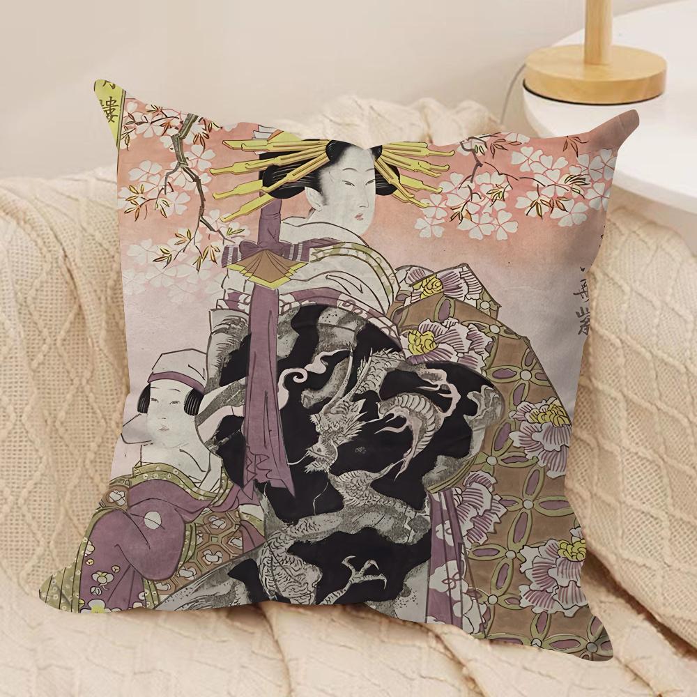 Retro Japanese Geisha Cushion Cover Silky Short Plush Invisible Zipper Dustproof Sofa Pillow Case For Home Decor