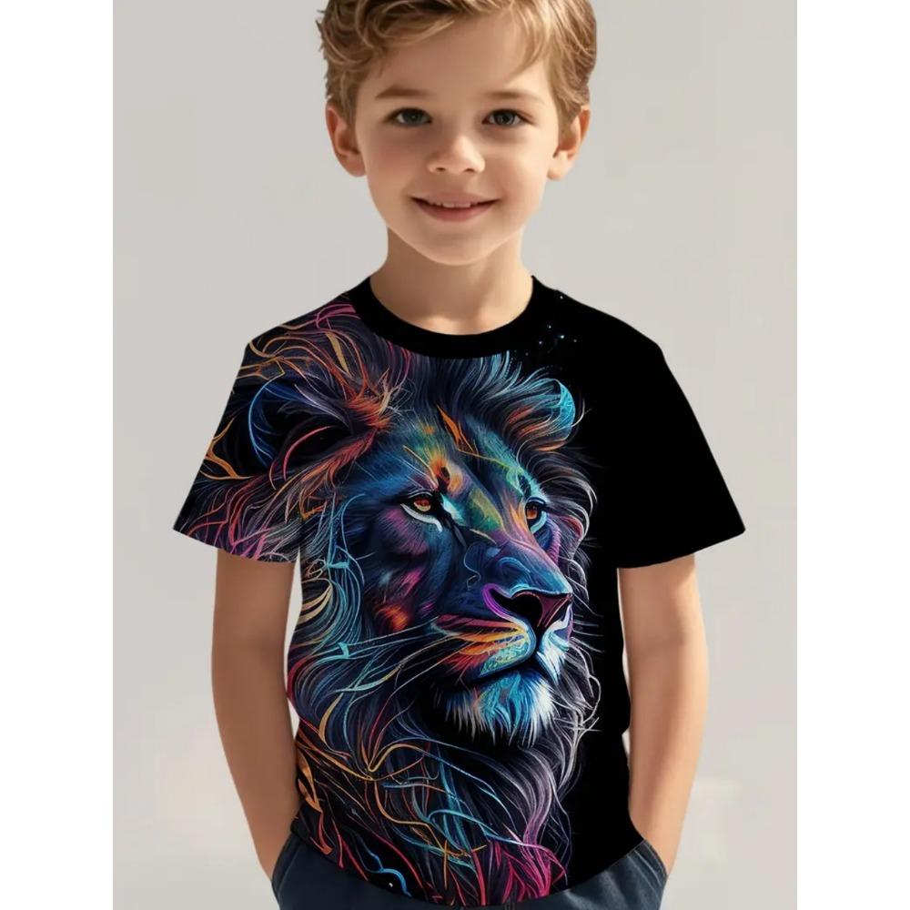 Cool Wolf Boy T-Shirt Tiger 3D Print Kids Short Sleeves Casual Comfortable Boys' Top Tees Outdoor Breathable Lightweight Clothes
