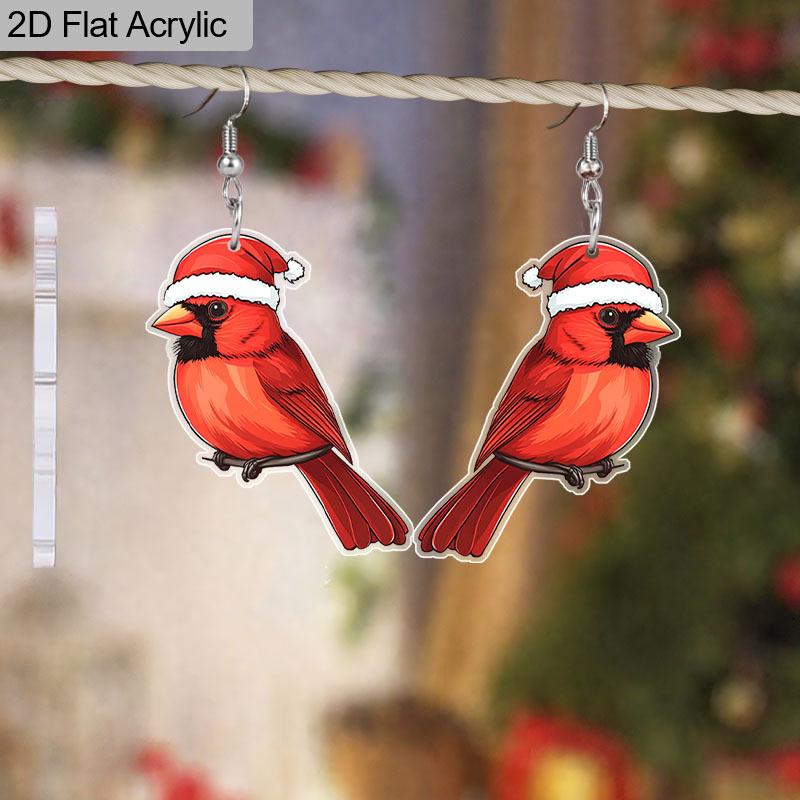 2D Flat 1Pair Christmas Cartoon Christmas Hat Bird Double-sided Pattern Earrings Jewelry Gift for Women Female