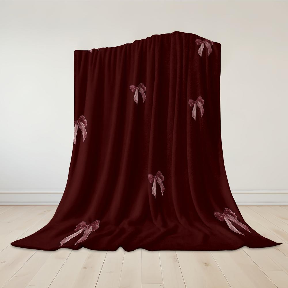 Burgundy Bow Flannel Blanket Warm Soft Halloween Christmas Couch Warm Cozy Decorative Decor Gift for All Season