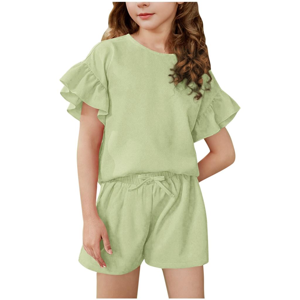 A Two-piece Set Of A Light, Solid-color Casual Sports Top With Ruffled Short-sleeved Round Neck And Shorts For Medium And Young Children In Summer