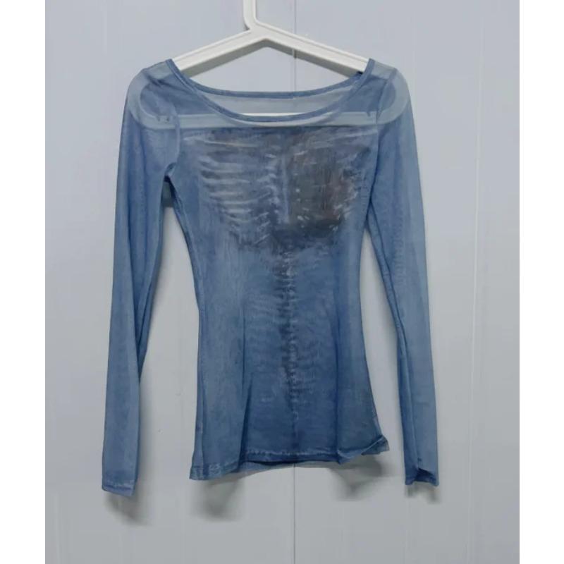 Vintage tisk Streetwear trička Průhledný výstřih Slim Fit Fairy Grunge Tops Gáza Y2k Estetické tričko Harajuku ženy