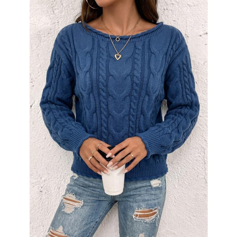 Women Casual Loose Off Shoulder Long Sleeve Cable Knit Pullover Sweater