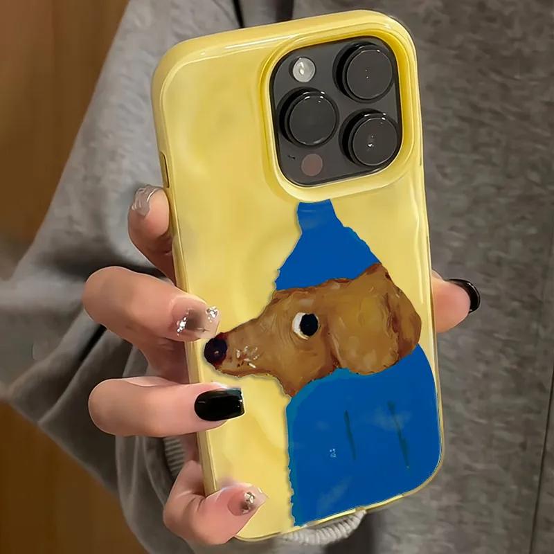 Blue Hat Puppy Folds Texture Soft Silicone Phone Case For iPhone 16 17 Air 15 14 13 12 11 Pro Max Plus Cute Cartoon Back Cover