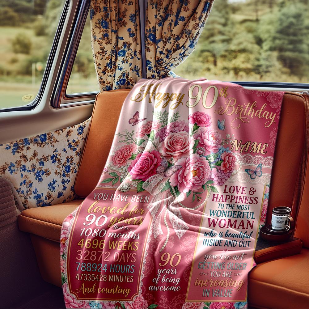Elegant 90Th Birthday Celebration Poster Design Blanket Personalized Name Soft Comfortable Stylish Blanket Car Blanket Perfect For Travel Camping