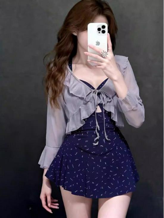 Costume da bagno a gonna lunga a maniche lunghe snellente floreale coreano - Costume da bagno conservatore a due pezzi da donna