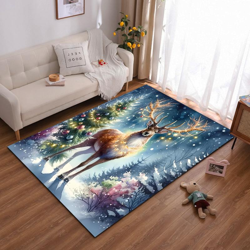 Christmas Deer Carpet with Fairy Lights and Winter Forest Scene Suitable for use as an anti-slip for living room bedroom sofas 40x60cm( 15x23in )