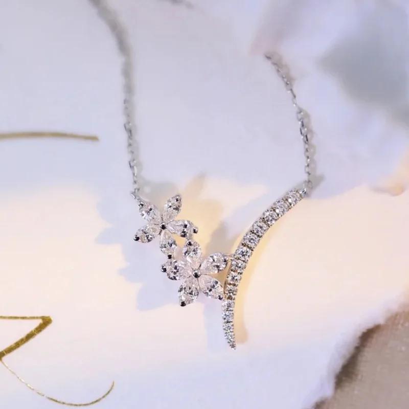 Exquisite Zircon Flower Women Pendant Necklace Fashion Beautiful  Sterling Silver Chain Wedding Girlfriend Choker