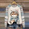 2025 European and American Cat Women's Christmas Themed 3d Printed Loose Knit Long Sleeved Fashionable High-End T-Shirt Top