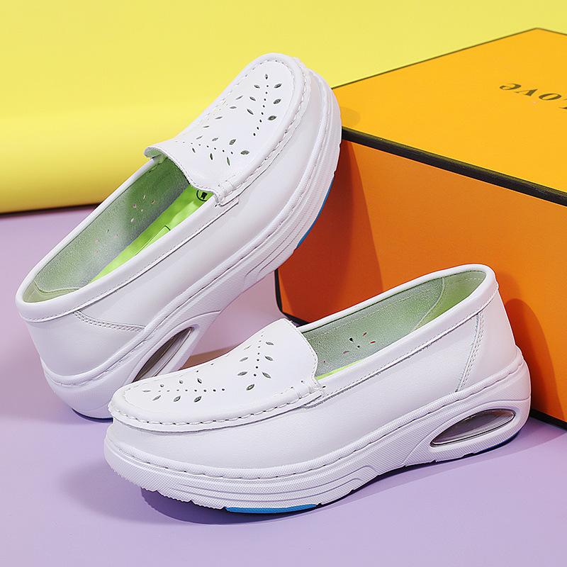 Women Genuine Leather Flat Shoes Casual White Wedge Heel Soft Sole Non Slip Caring Comfortable Mother Nurse Work Shoes