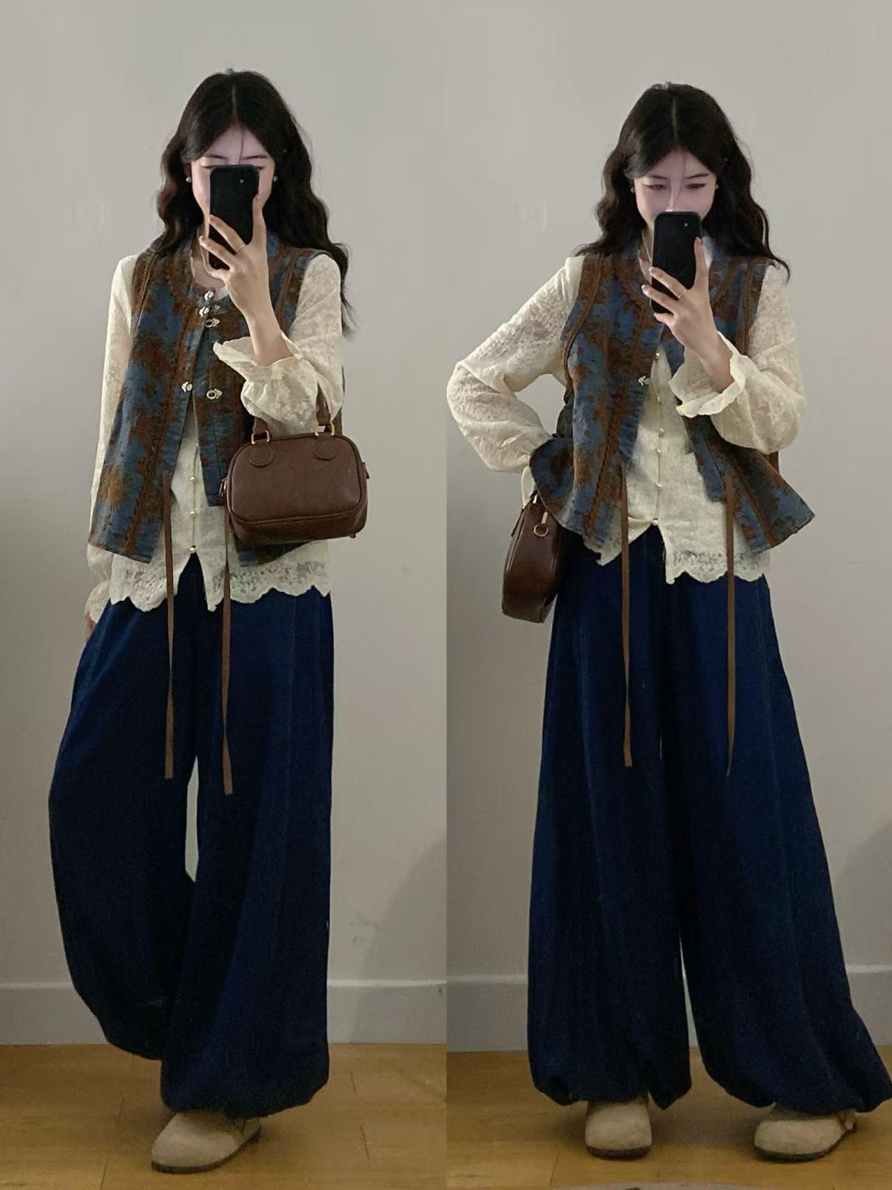 Women s Plus Size Jacquard Denim Vest, Embroidered Shirt & Lantern Pants Set XXL