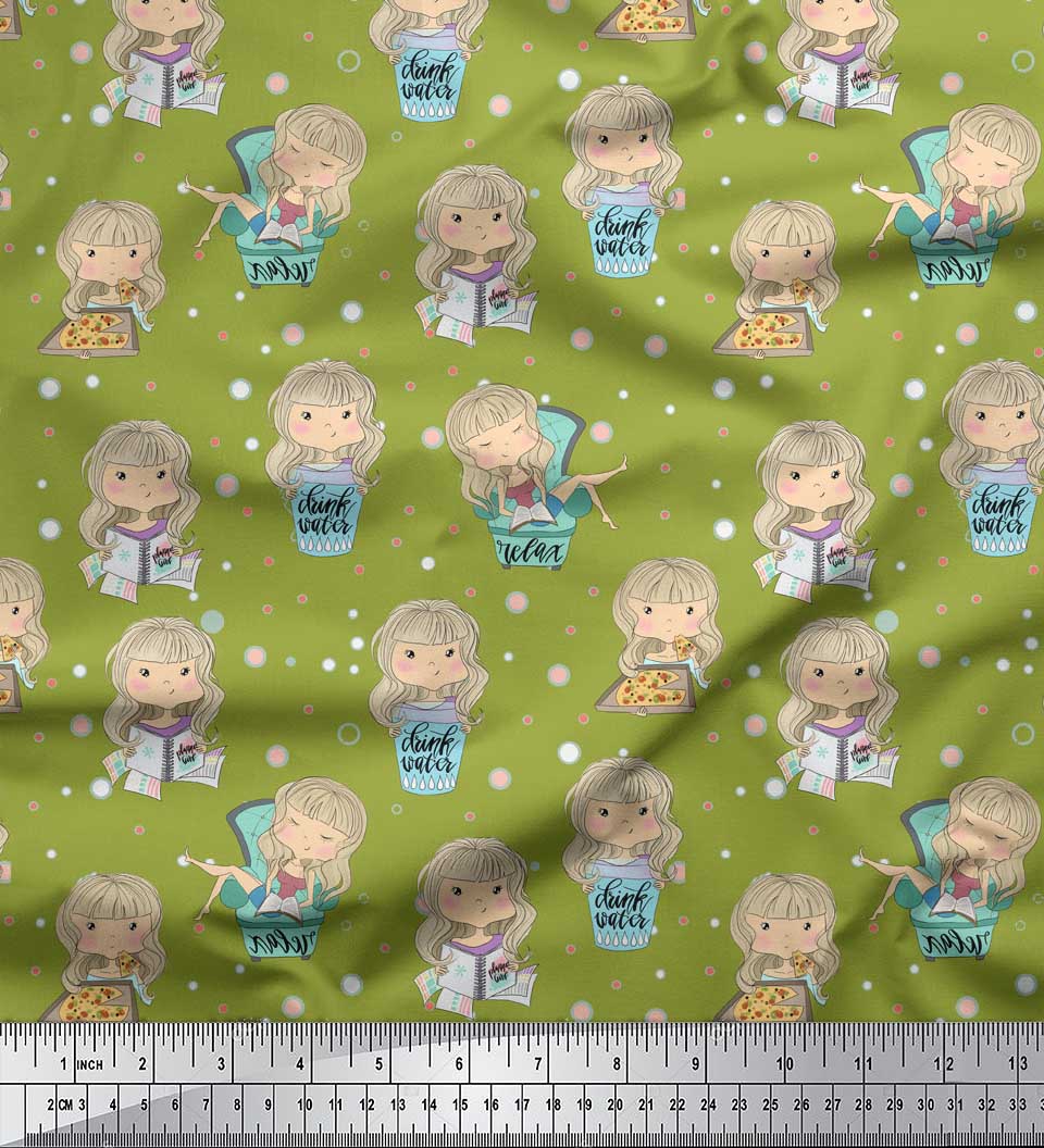 

Soimoi Purple Japan Crepe Satin Fabric Cute Girl & Dots Fabric Prints на метр 42 дюйма 42 Inch Wide - Poly Crepe зелений