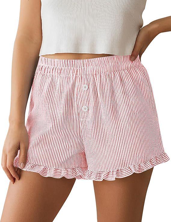 Women s Y2K Ruffle Striped Casual Shorts with Pockets - Spring/Summer Pajama Beachwear S розовый