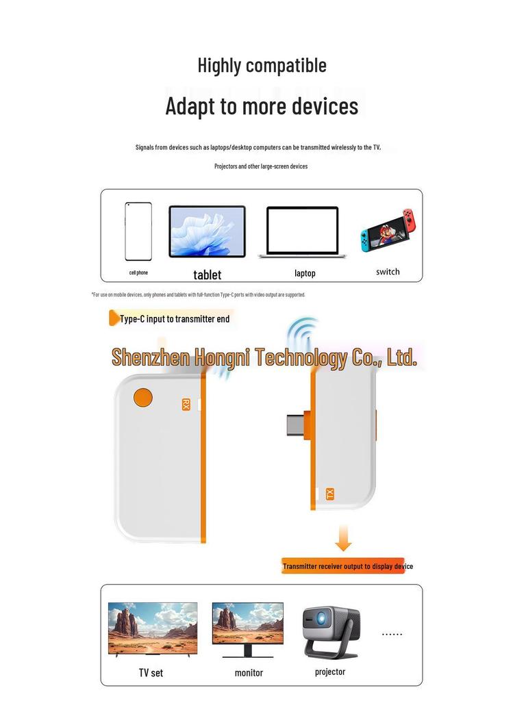 Type-C Wireless HDMI Screen Projector - HD Computer to TV Display with Point-to-Point Mirroring