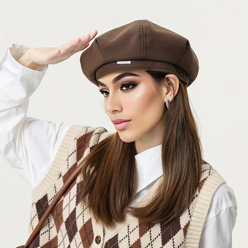 Béret à étiquette métallique pour femme, chapeau de ski décontracté rétro pour sports de plein air, cyclisme, automne et hiver