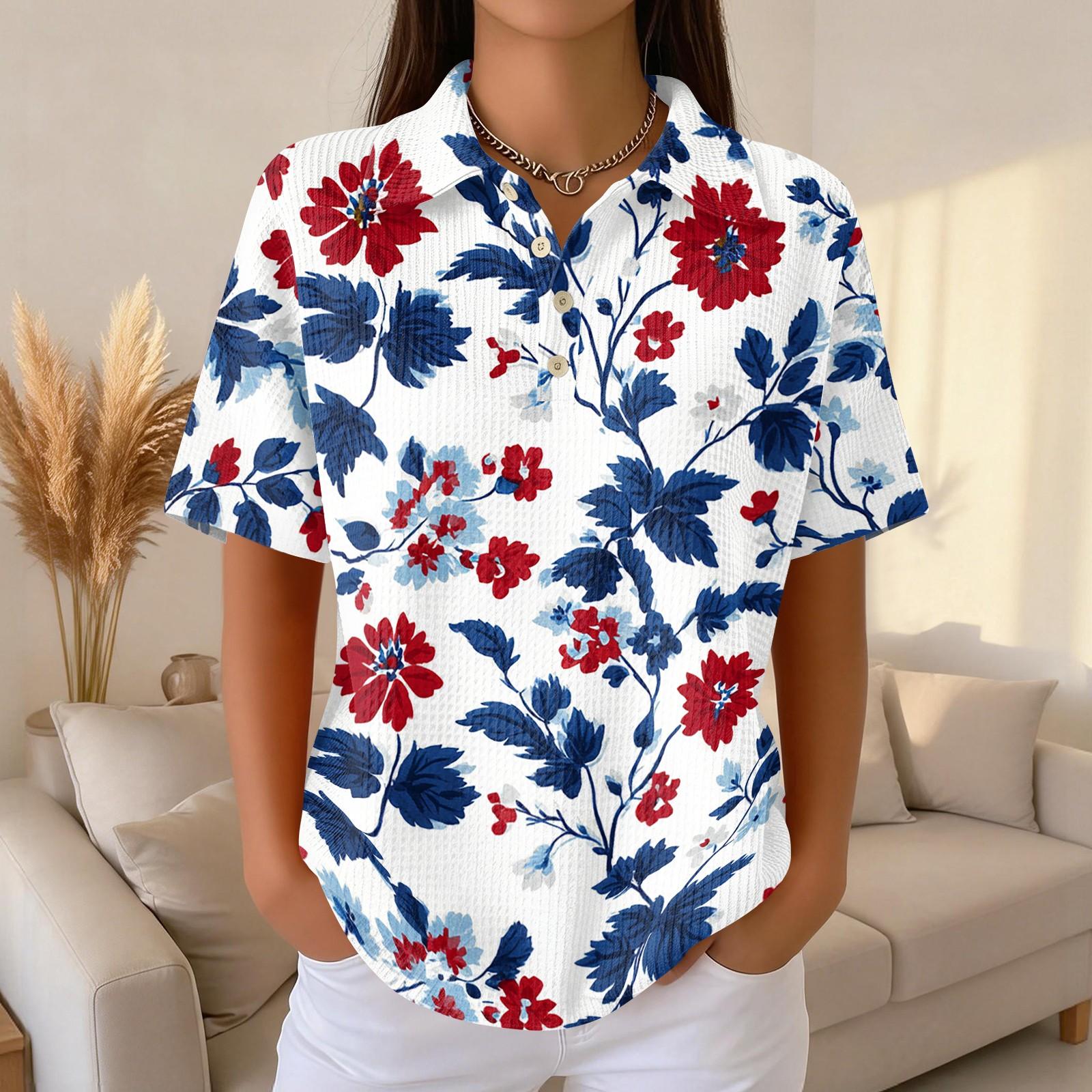 

Women s Casual Short Sleeve Floral Print Waffle Knit Polo Shirt Relaxed Fit Button Down Collar Top for Everyday Wear L