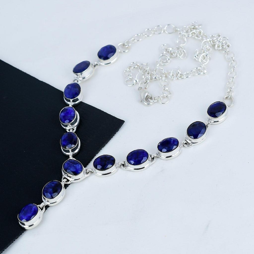 Colier din argint 925 lucrat manual cu piatră prețioasă de safir albastru, colier din argint cu labradorit albastru flash pentru soție, colier unisex, cadou