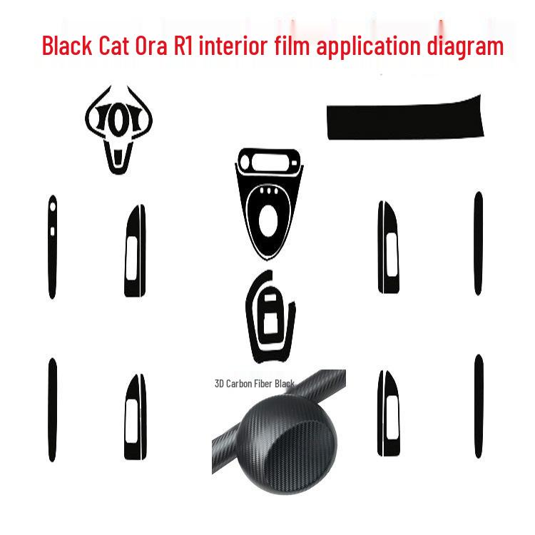 Carbon Fiber Interior Decor Stickers for Black Cat Ora R1: Central Control, Gear Position, and Door Panels