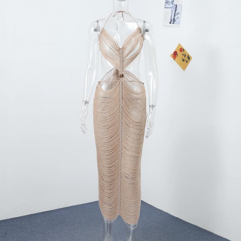 

Сексуальна сукня максі з бахромою з мушель на халтері для жінок, з вирізами, без рукавів, з відкритою спиною, літо 2025, Y2K, для вечірки, клубу, пляжу L хакі