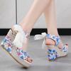 Fashion Elegant Flower Print Open Toe Sandal Women Fashion Bow Knot Super High Heel Sandals Woman Party Wedding New Wedge Sandal Female
