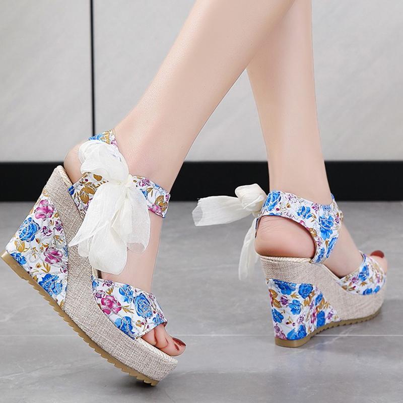 Fashion Elegant Flower Print Open Toe Sandal Women Fashion Bow Knot Super High Heel Sandals Woman Party Wedding New Wedge Sandal Female