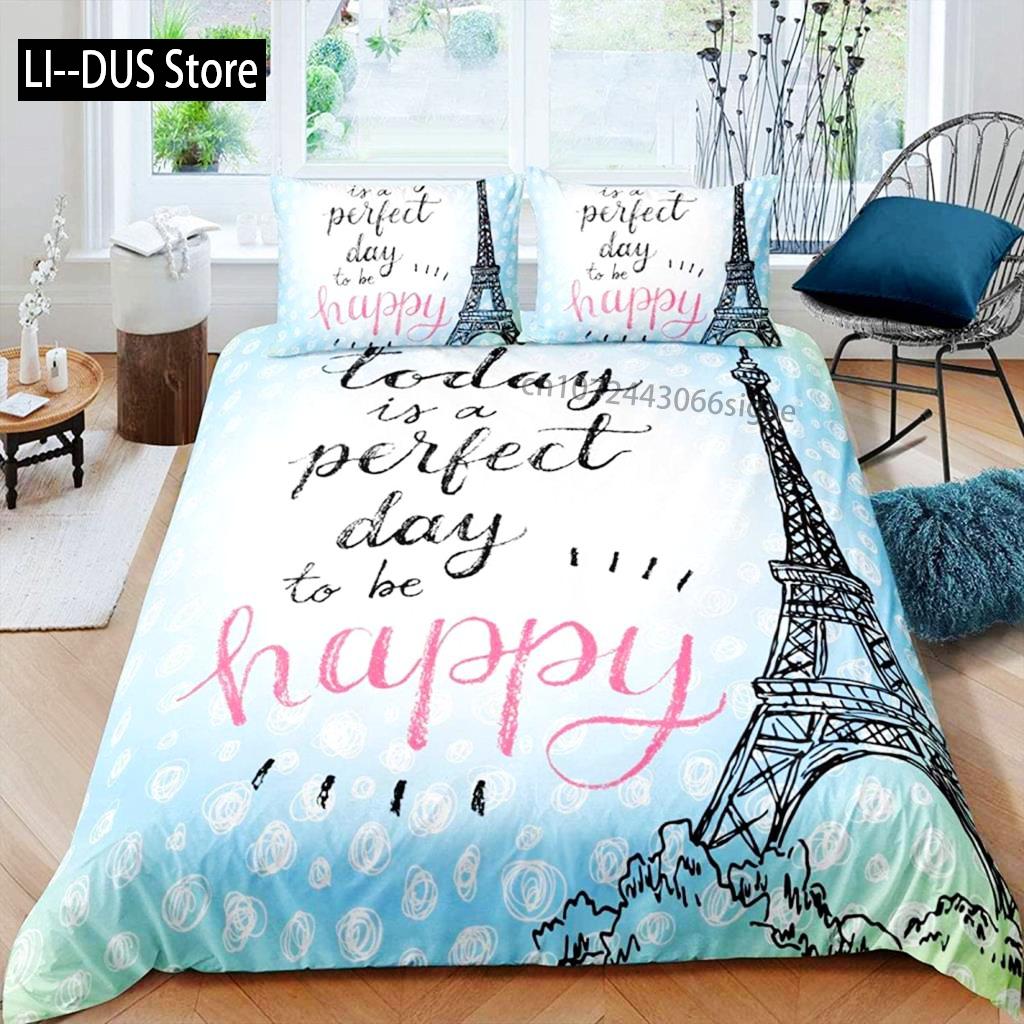 Paris Duvet Cover Set Polyester Paris Theme White Pink Stripe World-Famous Architecture Creativity Double Queen King Quilt Cover