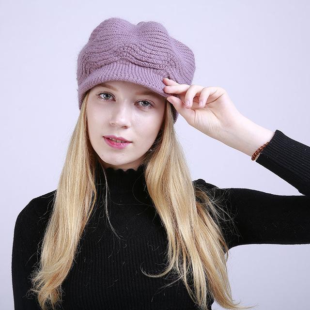 New Pattern Pure Color Cashmere Fashion Keep Warm Ma'am Peaked Cap 2018 Winter Knitting Soft Rabbit Hair Line Cap for Women Girl