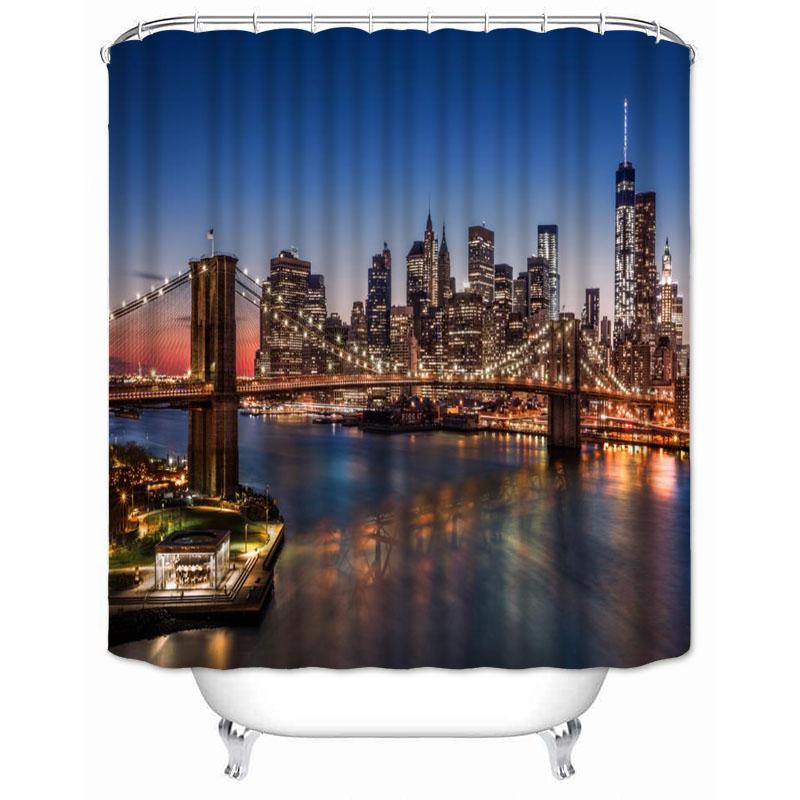 New York City Skyline Building Night View Shower Curtain Modern Bathroom Curtain Polyester Fabric Bath Curtain With Hooks