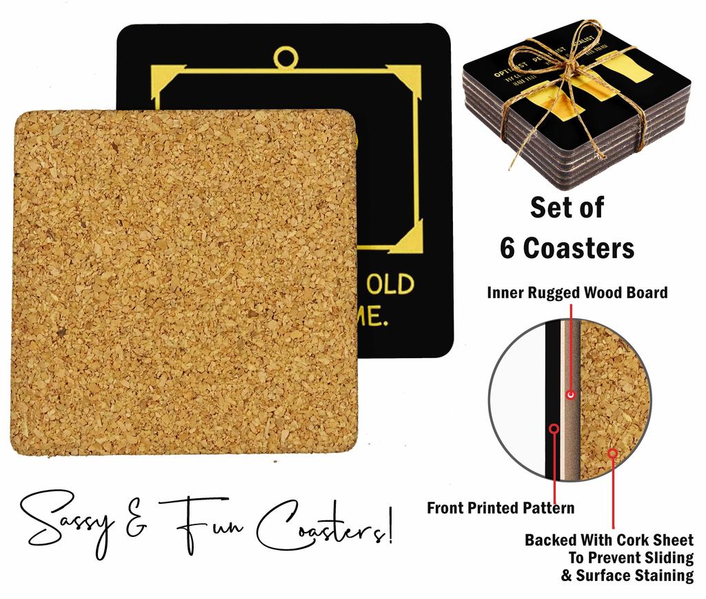 Inkdotpot Set of 6 Drink Coasters Easy Clean 4 Inch Square  Coasters  Cork Base-  Reusable- Funny Bachelor