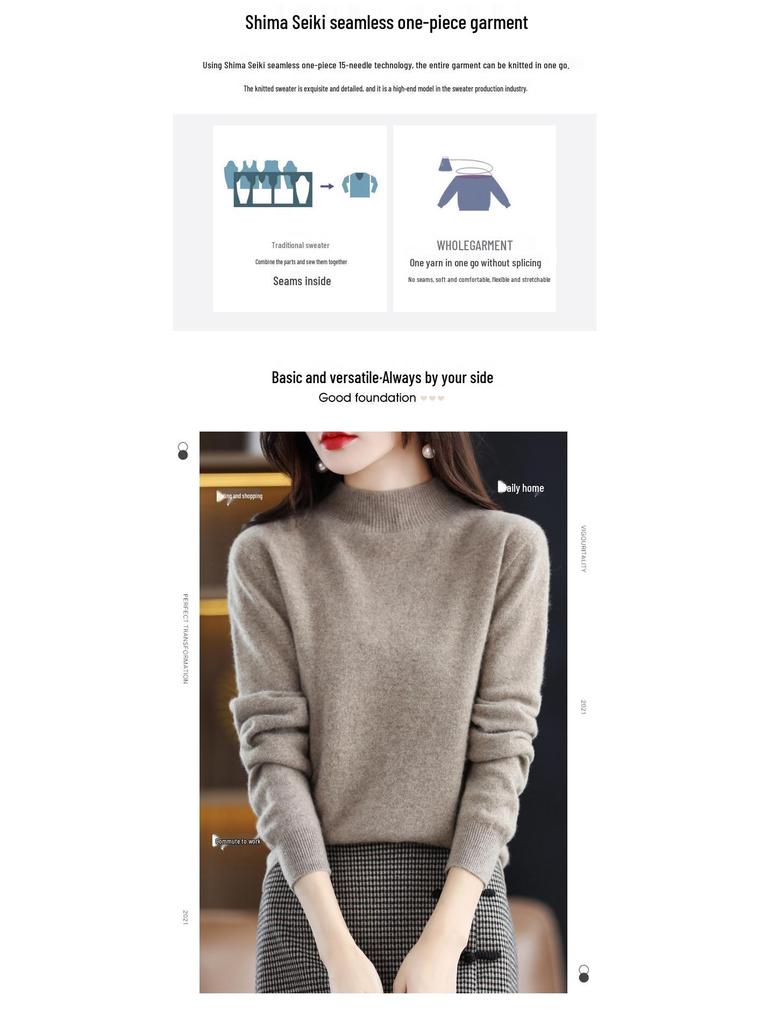 Women's Pure Wool Ribbed Sweater - Autumn/Winter Loose Fit Semi-High Neck Pullover