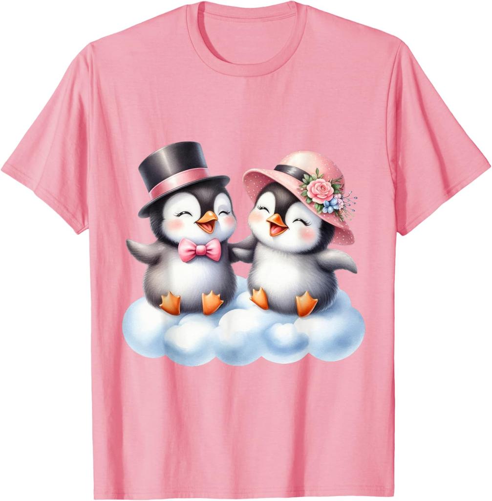Süßes Pinguin-Paar auf Wolke Grafik-T-Shirt Entzückendes Valentinstagsgeschenk T-Shirt Unisex Tägliche Kleidung