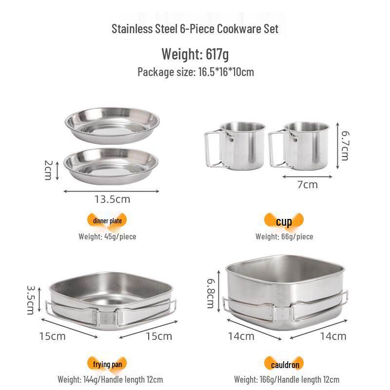 Gongziyu Portable 6-Piece Stainless Steel Camping Cookware Set