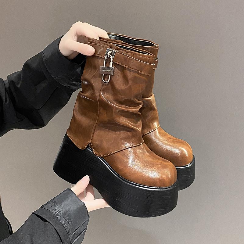 Fashion 2025 New 9CM Soft Leather Ankle Mid Calf Boots Winter Autumn High Platform Wedge British Booties Woman Chunky Motorcycle Boots