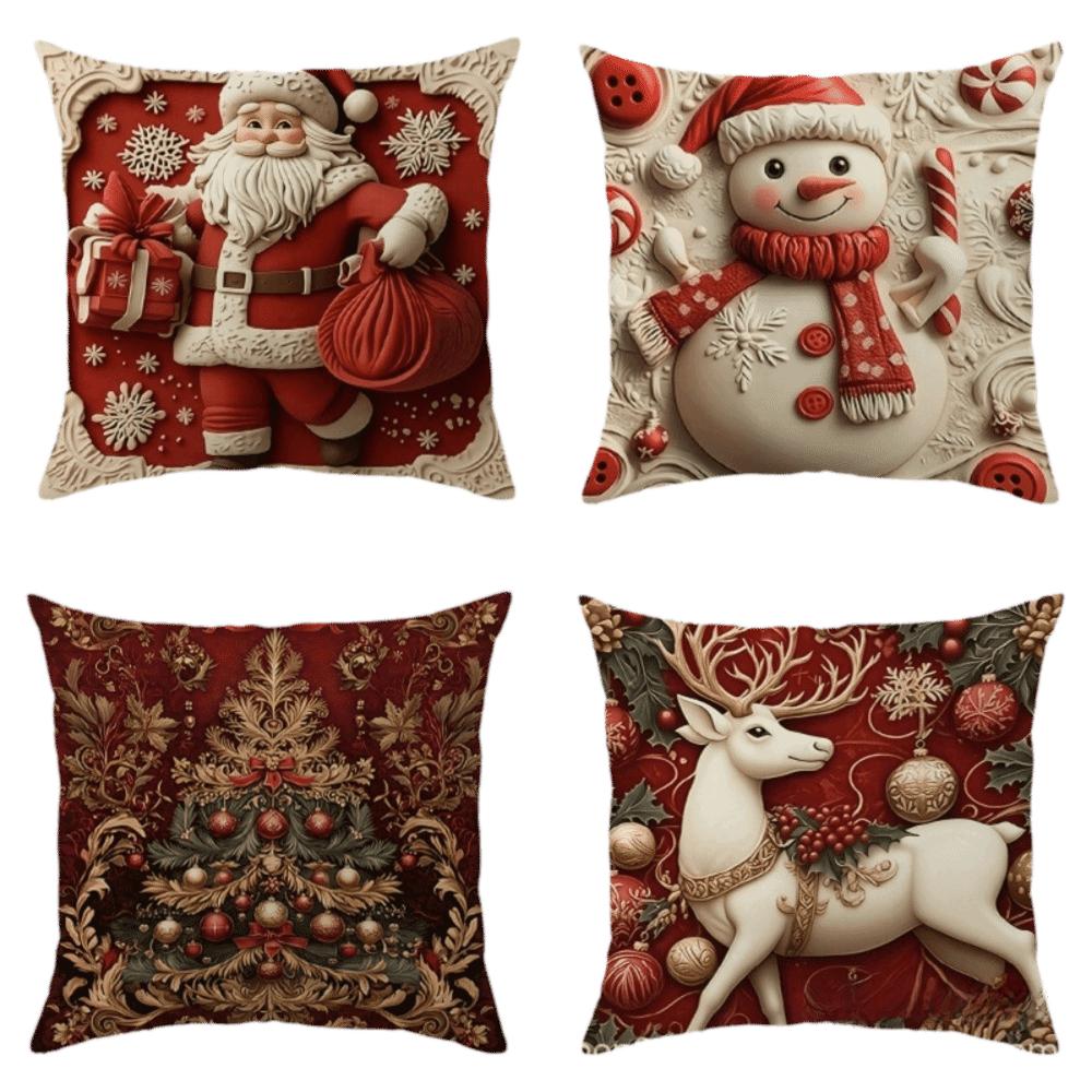 4PCS Snowman Holiday Cushion Cover Santa Claus Xmas Pillow Cover Home Holiday Decor