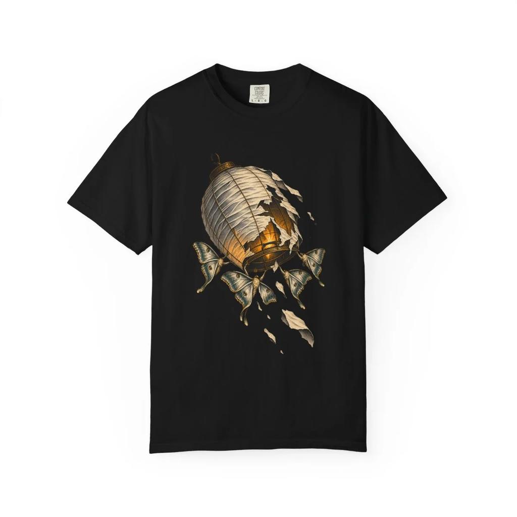 Moths Paper Lantern Graphic T-Shirt Black Front Print Comfort Colors 1717