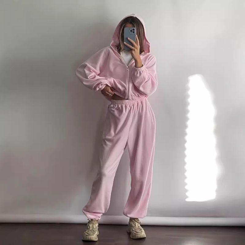 

European and American Simple Outdoor Sports Fitness Casual Pants Hood Set Sports Casual Pants Set Pink XL