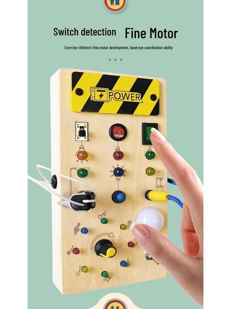 Luminous Wooden Busy Board Switch Toy for Children's Early Education and Fine Motor Skills Development.