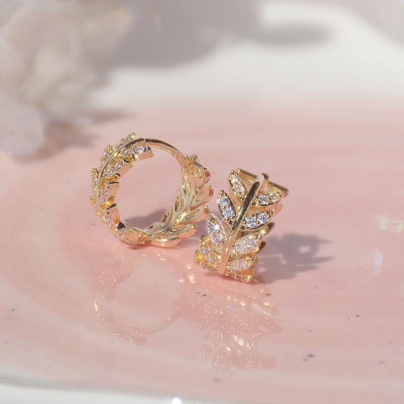 Náušnice malé obruče z 14K pravého zlata, nádherné měděné, vykládané zirkony, s motivem pšeničného klasu, elegantní, sladké dámské korejské zirkonové náušnice