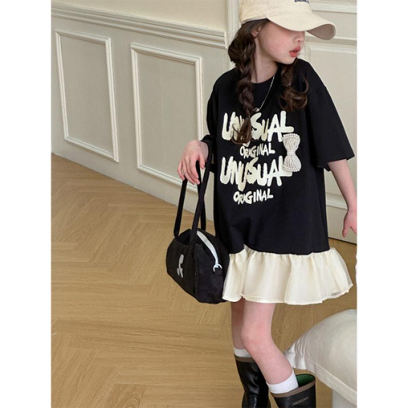 Girls Summer Fake Two Piece Short Sleeve Dress Sweet Preppy T Shirt Dress For Big Kids 120 чёрный