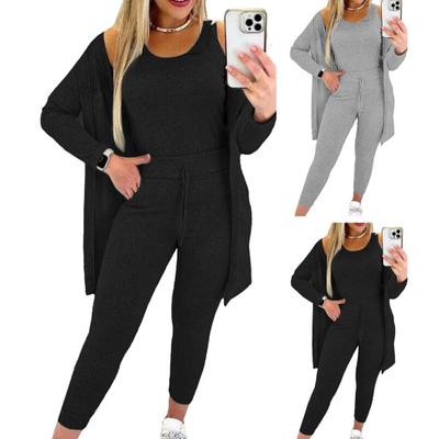 3 Pcs/Set Vest Coat Pants Set High Elastic Waist Slim Pants Round Neck Vest Long Sleeve Mid Length Coat Solid
