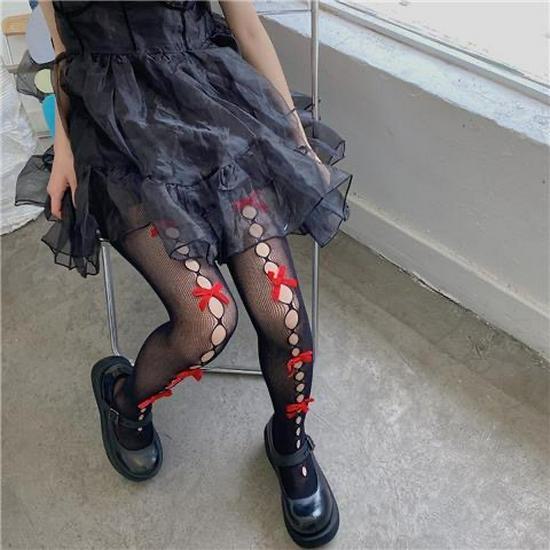 Y2K White Bow Hollow Out Stockings, Sweet Lolita Style, Spring/Autumn Black Silk Pantyhose
