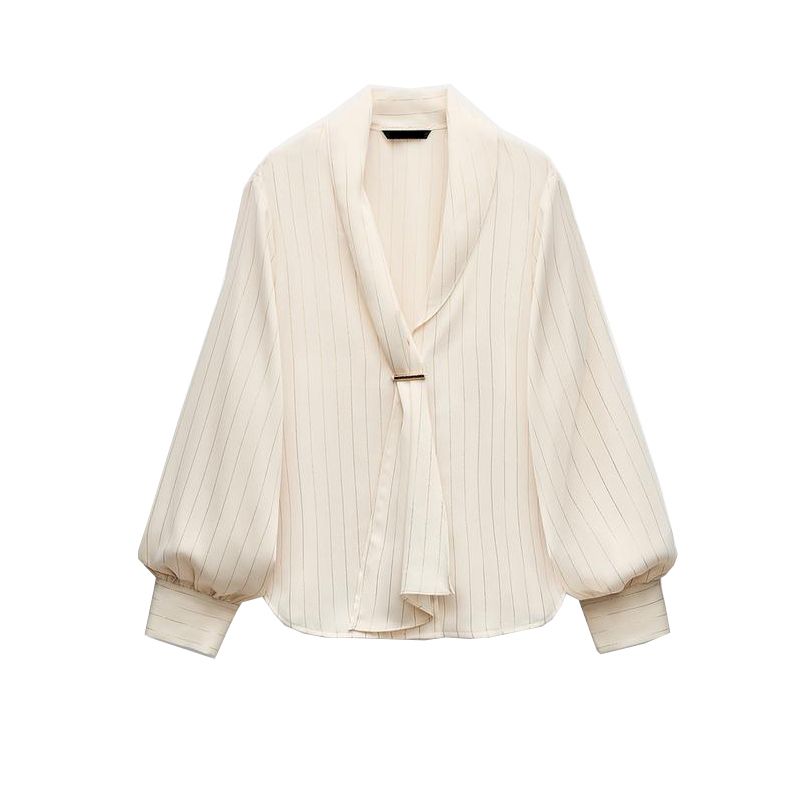 

Spring New Arrival Women s Clothing K-style Slim Looking Metal Color Line Stripes Lapel Long Sleeves Casual Shirt 7969227 Beige White L