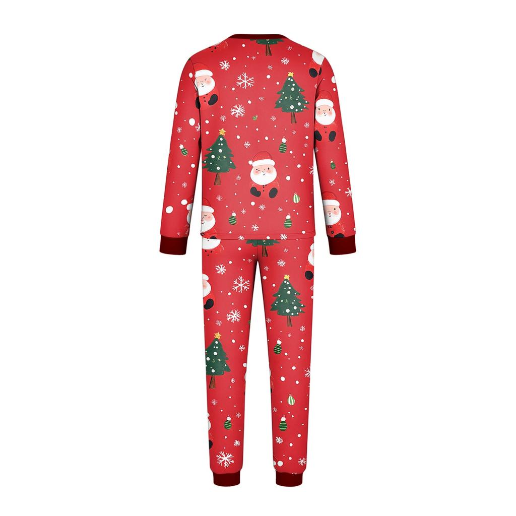 Family Matching Christmas Pajamas Set Long Sleeve Neck Print Loungewear for Parents and Kids