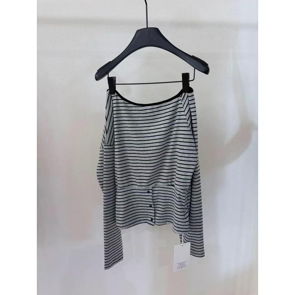 Women's Striped Off-Shoulder Long-Sleeve Cotton Tee—Fashionable, Versatile, Slimming, High-End Feel, Perfect for Spring/Autumn.