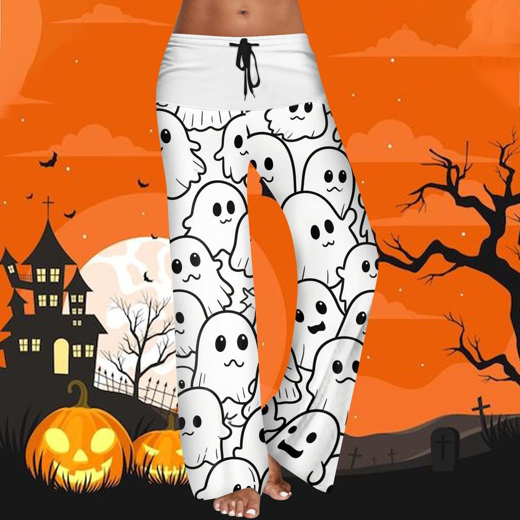 Women's Drawstring Elastic Waistband Wide Leg Color Matching Halloween Printed Casual Pants